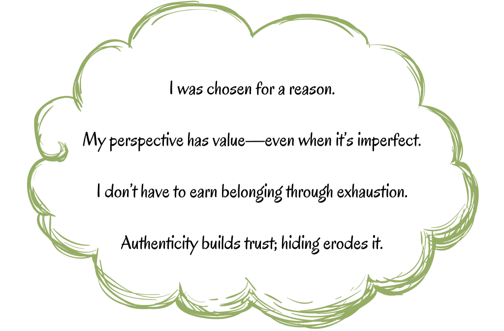 A hand-drawn cloud outline contains affirming statements about worth, belonging, and authenticity related to overcoming imposter feelings.
